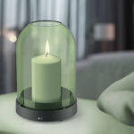 A scented candle on a white table with vases on a modern minimalist background. AI generative